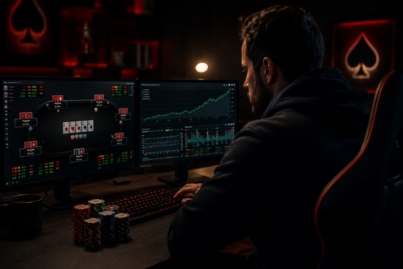 Jugador de poker online gestionando su bankroll en NL25 y NL50 con gráficas y estadísticas en pantalla