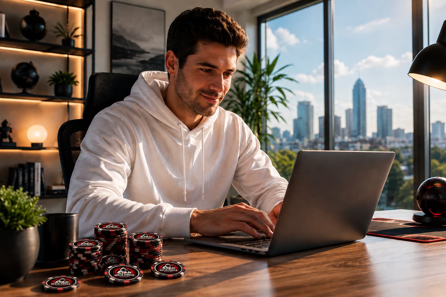 Jugador de póker online exitoso con laptop y fichas